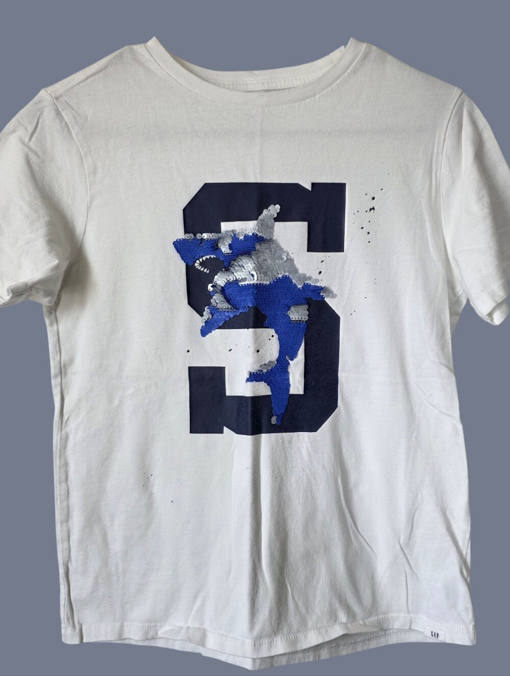 GAP White Short-Sleeve Tee with Navy Number and Blue-Silver Sequin Shark